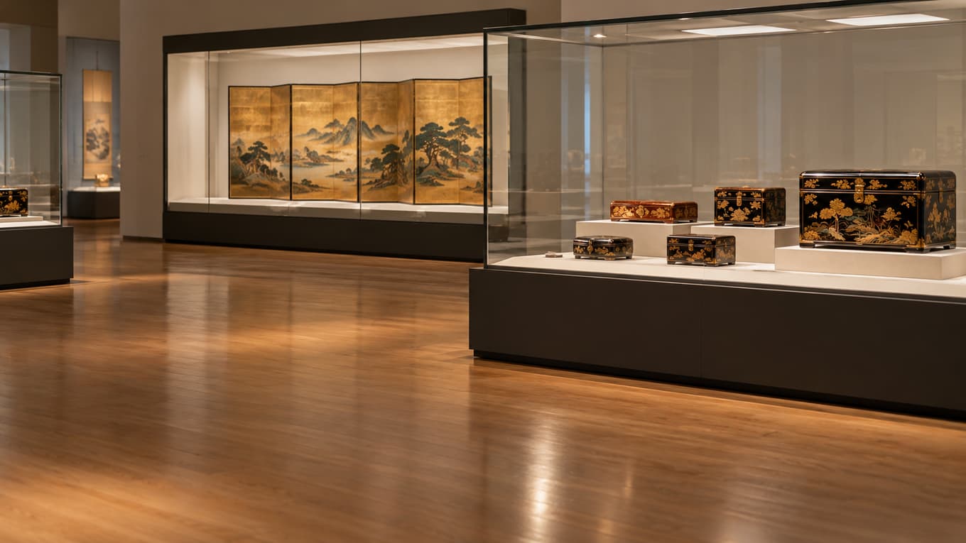 皇居三の丸尚蔵館が11月3日に全面開館 記念展3本、若冲「動植綵絵」30幅の一斉展示も(イメージ画像:ガラスの展示ケースに漆の箱や屏風が並ぶ静かな展示室)