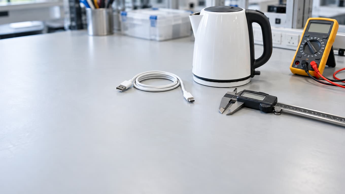 消費生活センター依頼の商品テスト、7〜9月は25件 電動アシスト自転車は基準超えで公道走れず(イメージ画像:検査台に並ぶ充電ケーブルと小型家電、ノギスと計測機器)